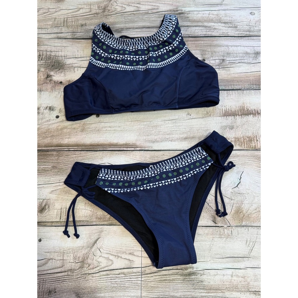 Cupshe Navy Blue Embroidered High Neck Lace Up Bikini Set Two Piece Swimsuit - Picture 4 of 11